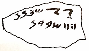 "An ostracon from the end of the eight century BCE. In the first line we have the ciphers 50 + 7 in Egyptian hieroglyphic forms used widely in Israel and Judah." (Shmuel Ahituv, Echoes from the Past, 36.)